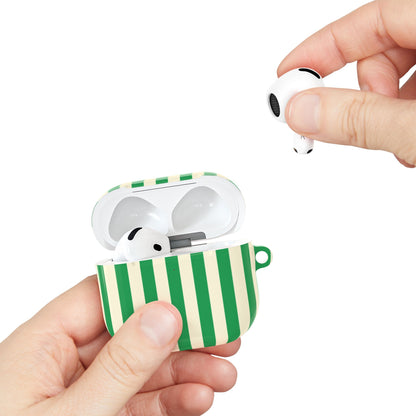 Green Cream Cabana Stripe AirPods case held in hand while taking out an AirPod