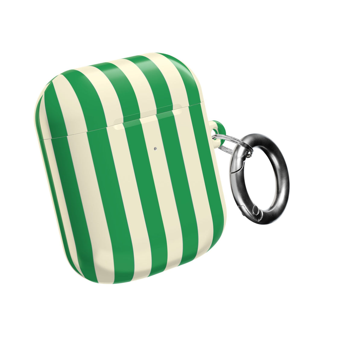 Green Cream Cabana Stripe AirPods case closed, with the carabiner clip