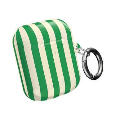 Green Cream Cabana Stripe AirPods case closed, with the carabiner clip