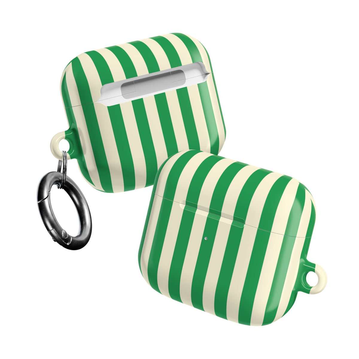 Two Green Cream Cabana Stripe AirPods cases with carabiner clips