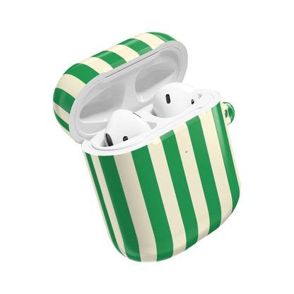 Green Cream Cabana Stripe AirPods case open at an angle with the earbuds inside