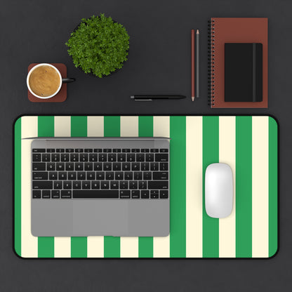 Laptop and mouse on the Green Cream Cabana Stripe desk mat
