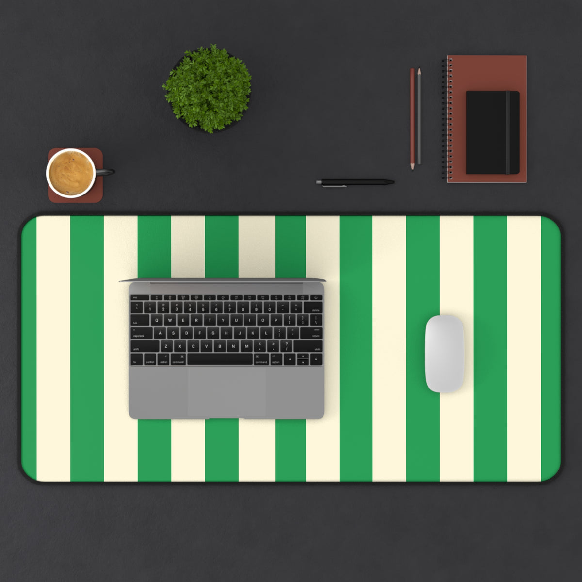 Extra large Green Cream Cabana Stripe desk mat under a laptop and mouse