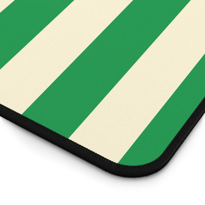 Close-up of the Green Cream Cabana Stripe desk mat print and stitched edge