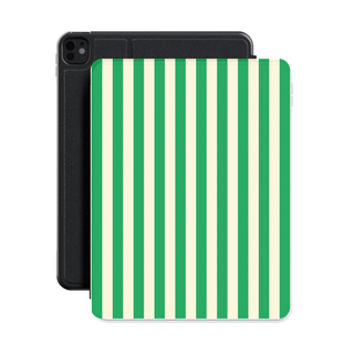 Green Cream Cabana Stripe iPad case shown in front of the iPad