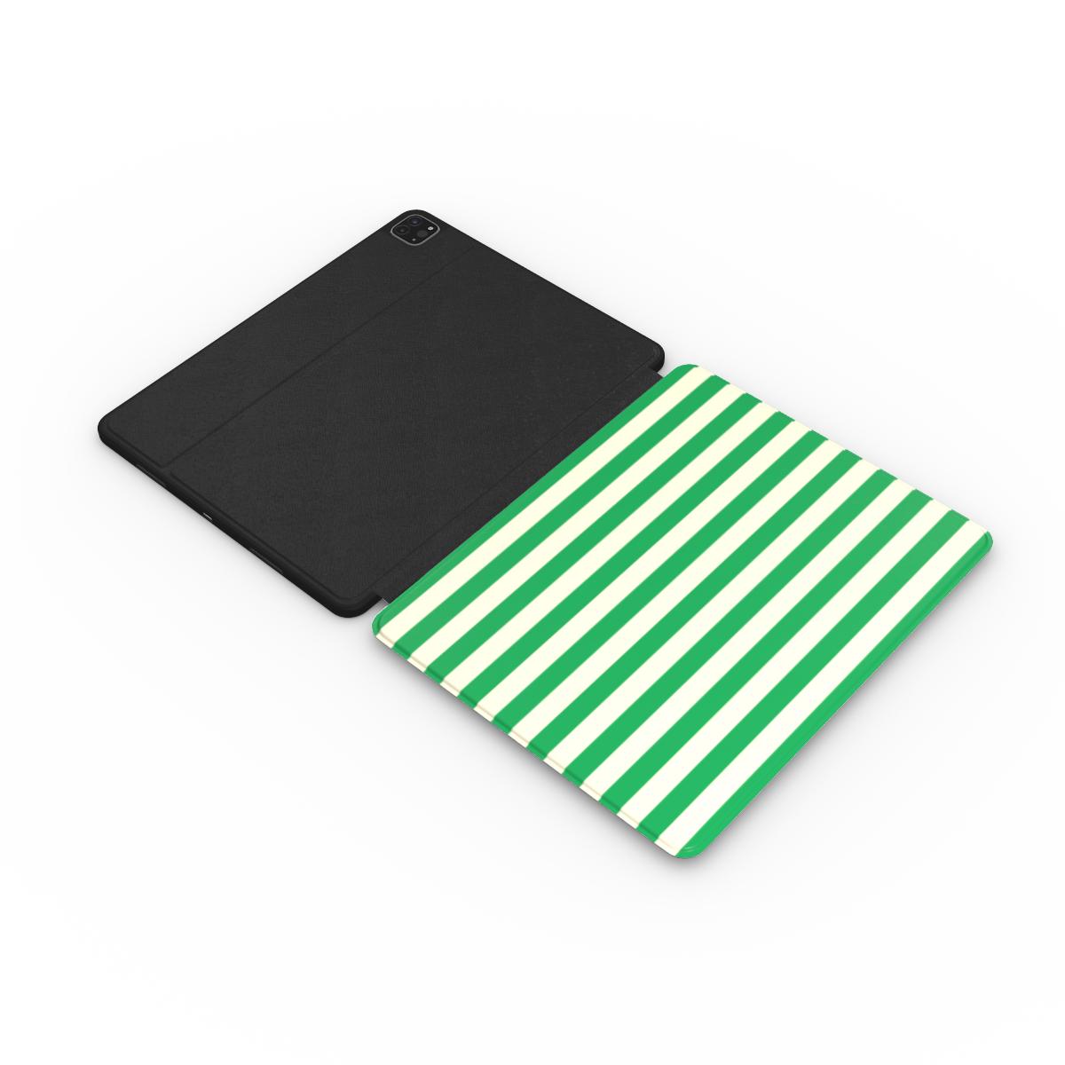 Green Cream Cabana Stripe iPad case open, showing the striped front and black back