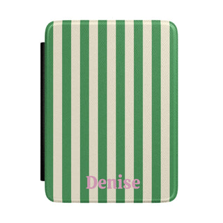 Green and cream cabana stripe Kindle case personalised with a name