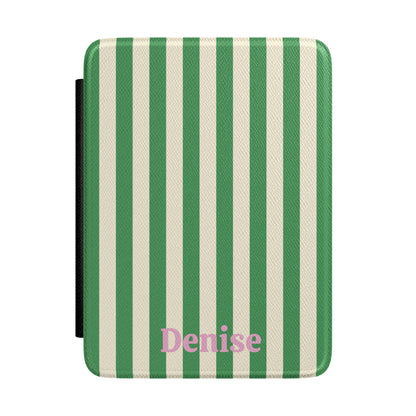 Green and cream cabana stripe Kindle case personalised with a name
