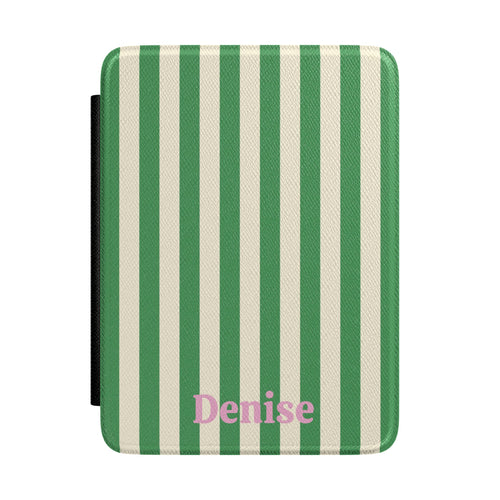 Green and cream cabana stripe Kindle case personalised with a name