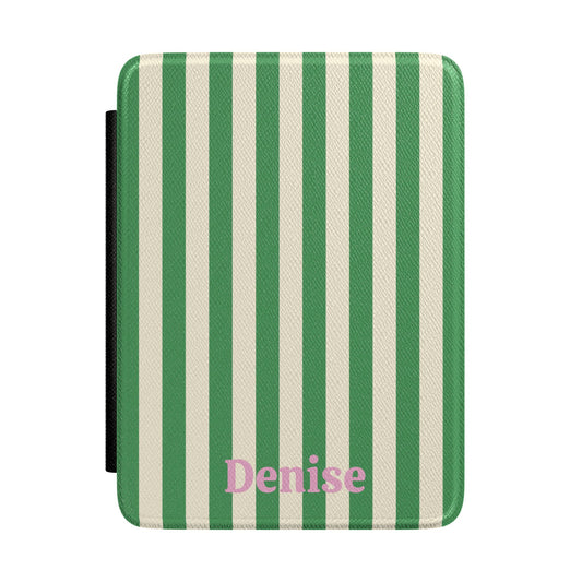 Green and cream cabana stripe Kindle case personalised with a name