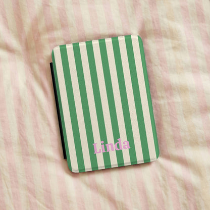 Personalised green and cream cabana stripe Kindle case on pink striped bed linen