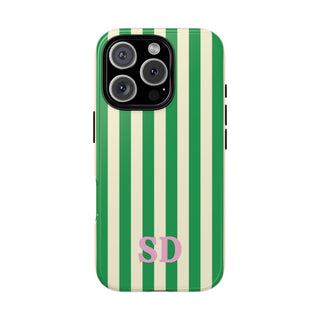 Green Cream Cabana Stripe tough phone case with custom initials in pink
