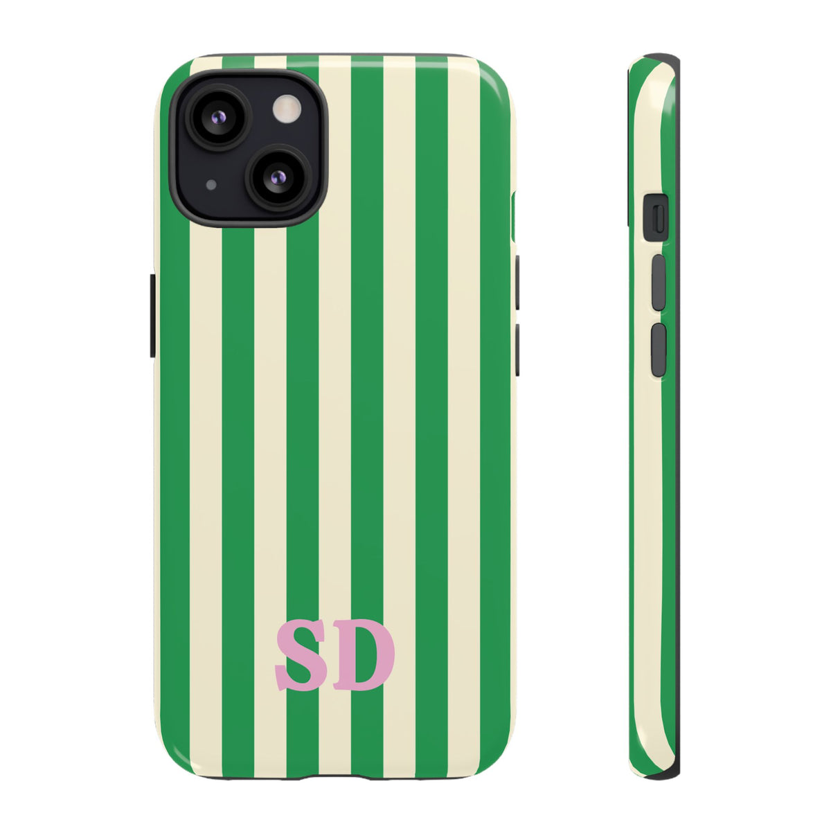 Front and side of the Green Cream Cabana Stripe tough phone case