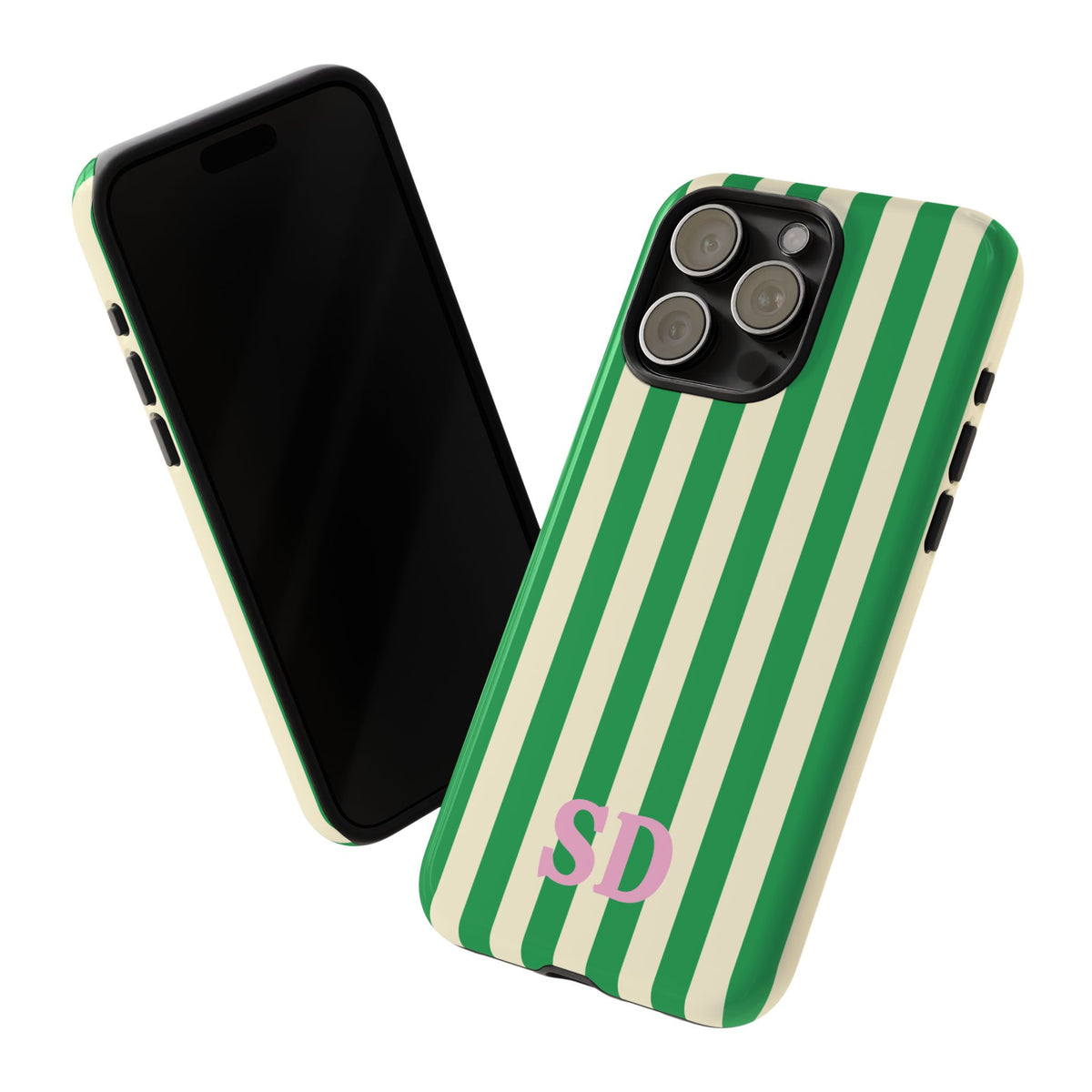 Green Cream Cabana Stripe phone case shown next to the phone