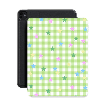 Green gingham stars iPad case shown with an iPad