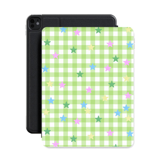 Green gingham stars iPad case shown with an iPad