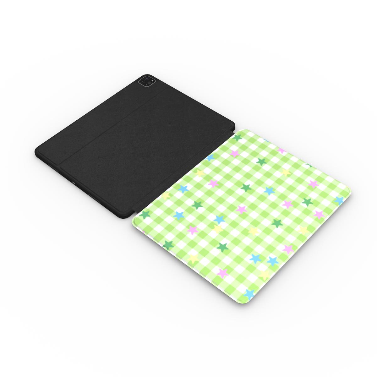 Green gingham stars iPad case open, showing the printed front and black back