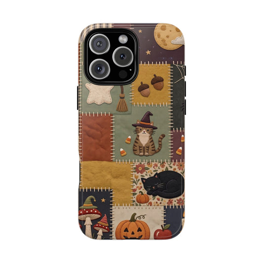 Halloween Patchwork tough phone case with cats and pumpkins
