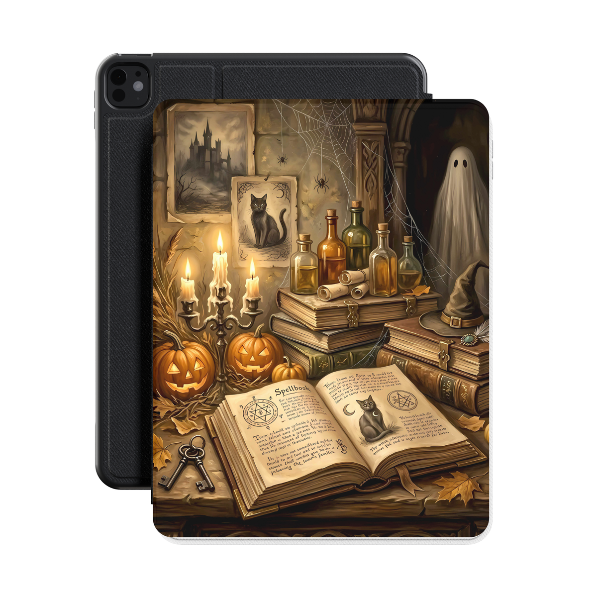 Haunted Library iPad case standing in front of a black iPad