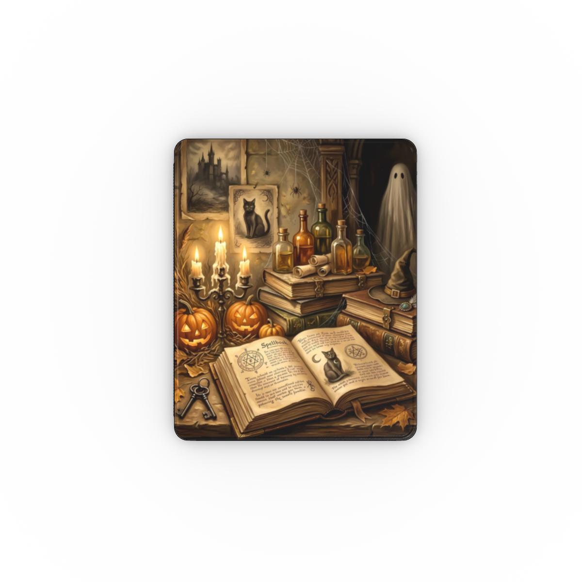 Haunted Library iPad case front cover with a candlelit study, pumpkins and a ghost