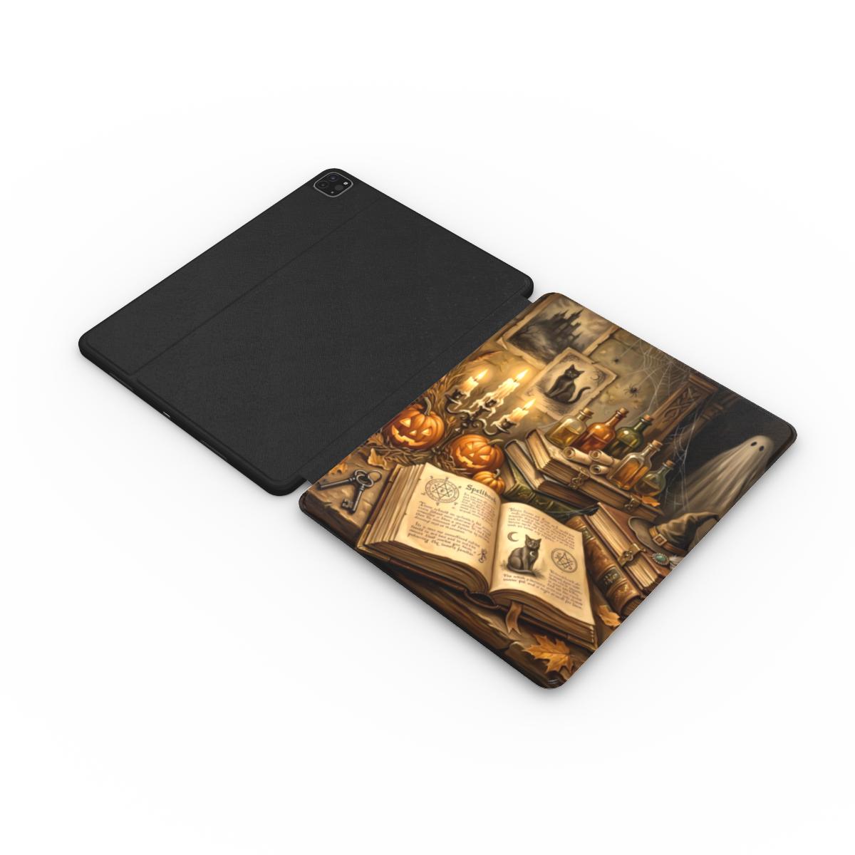 Haunted Library iPad case opened flat showing the printed front and black back