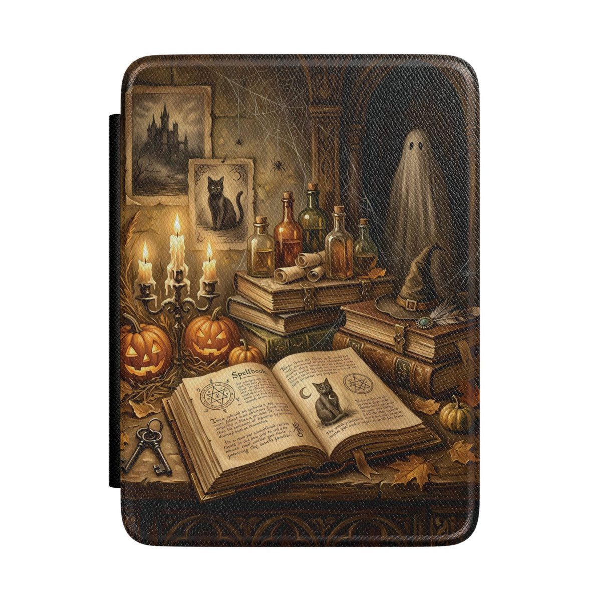 Haunted Library Kindle case front cover with pumpkins, candles and a ghost