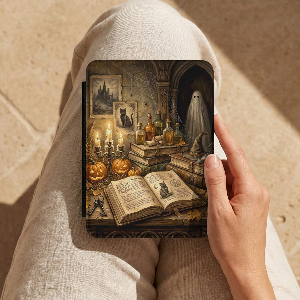 Haunted Library Kindle case held on a lap while reading