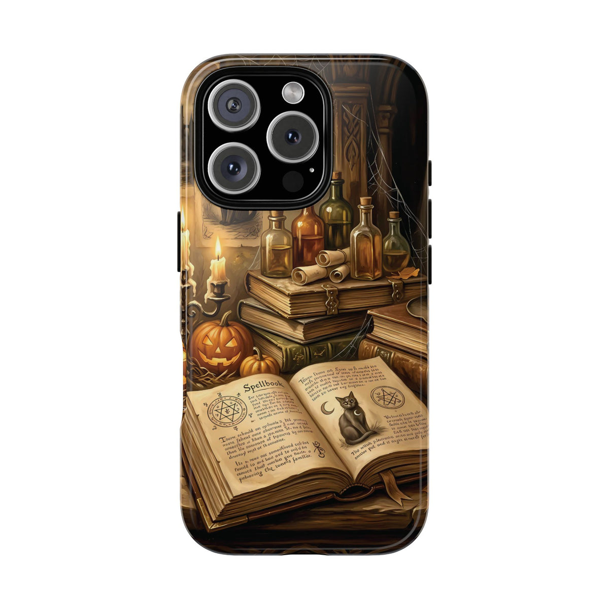 Haunted Library tough phone case back view with spellbook, pumpkins and candles
