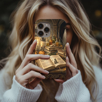 Haunted Library tough phone case held up in a mirror selfie