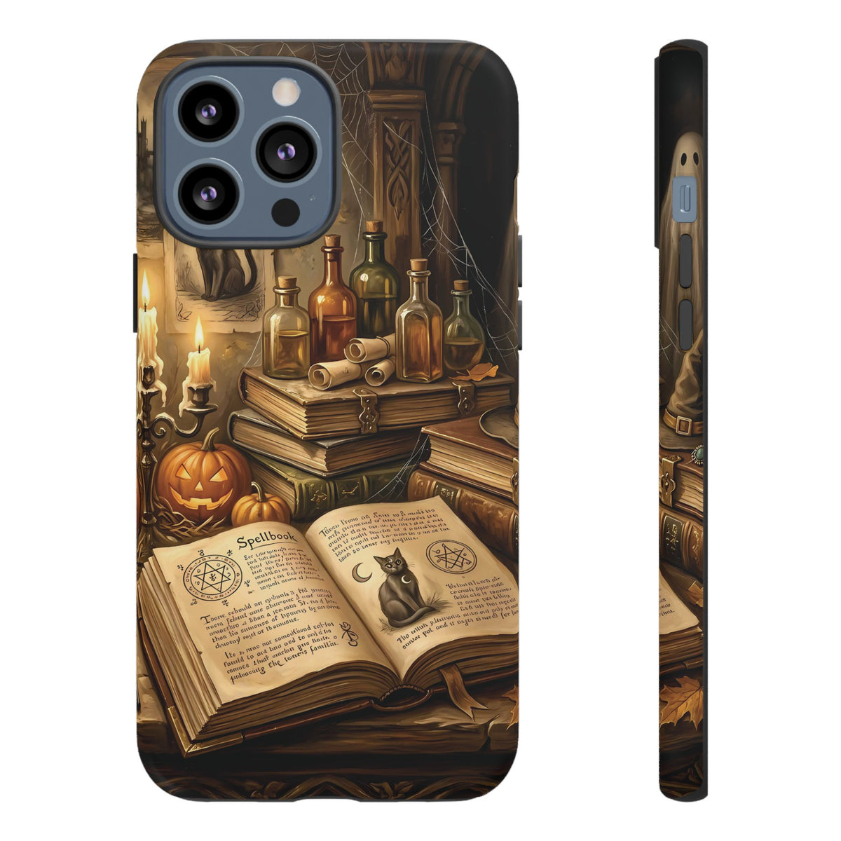 Haunted Library tough phone case, back and side view
