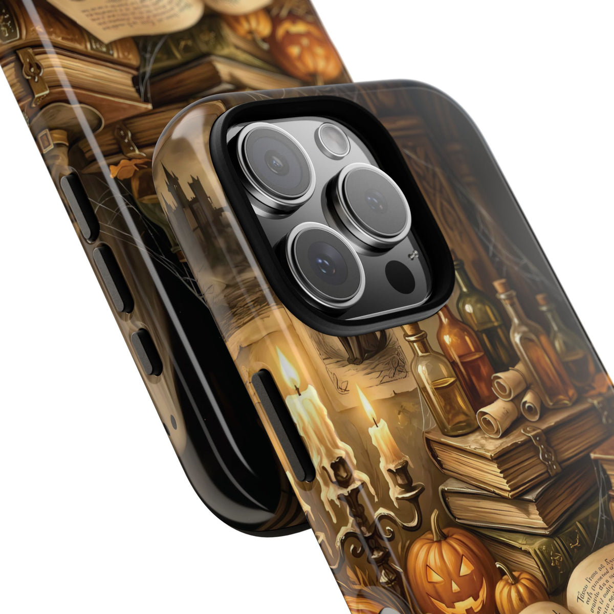 Close-up of the camera cutout on the Haunted Library tough phone case