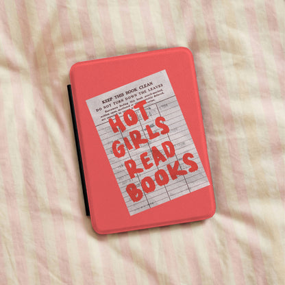 Hot Girls Read Books Kindle case lying on pink striped bedding