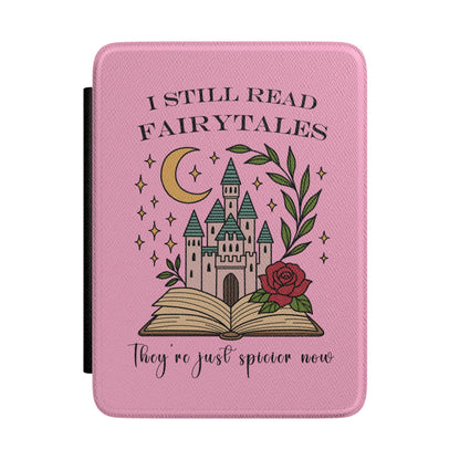 I Still Read Fairytales pink Kindle case with castle, moon and rose on an open book