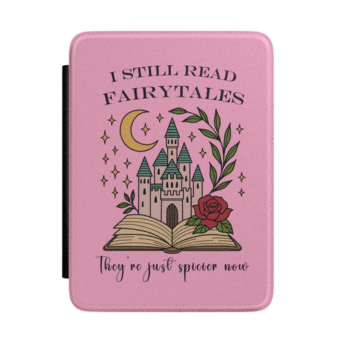 I Still Read Fairytales pink Kindle case with castle, moon and rose on an open book