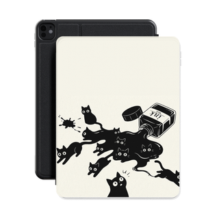 Ink Spill Cats iPad case standing in front of a black iPad