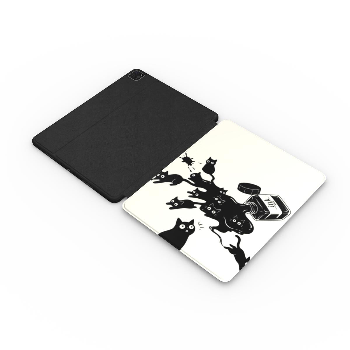 Ink Spill Cats iPad case opened flat showing the printed front and black back