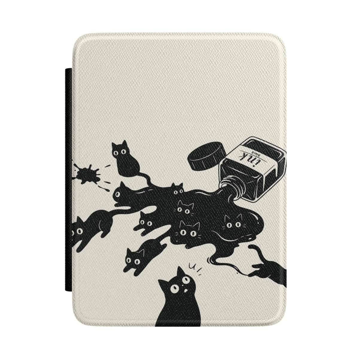 Ink Spill Cats Kindle case front cover with black cats and a tipped ink pot