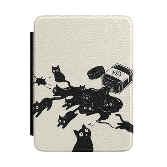 Ink Spill Cats Kindle case front cover with black cats and a tipped ink pot
