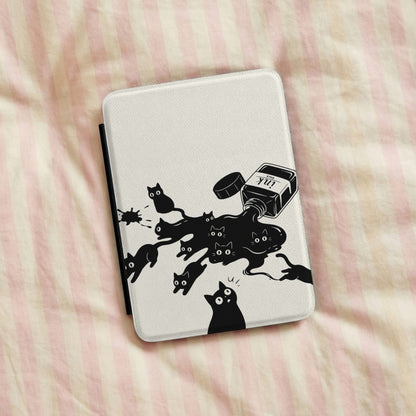 Ink Spill Cats Kindle case on pink striped linen bedding