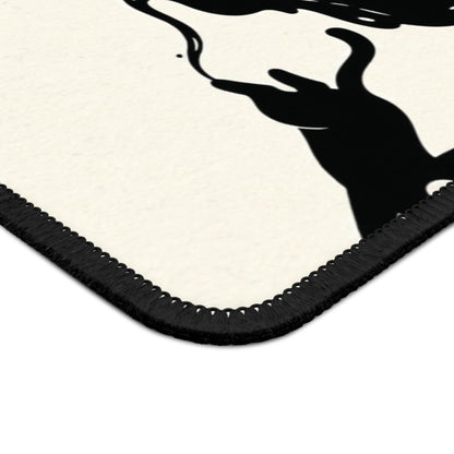 Close-up of the stitched edge of the Ink Spill Cats mouse mat