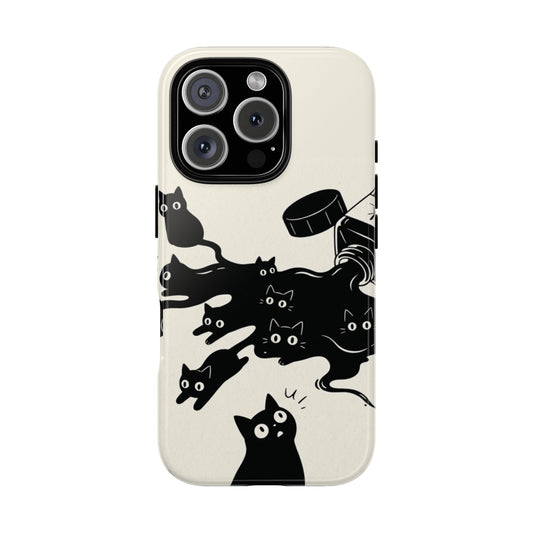 Ink Spill Cats tough phone case on an iPhone, back view