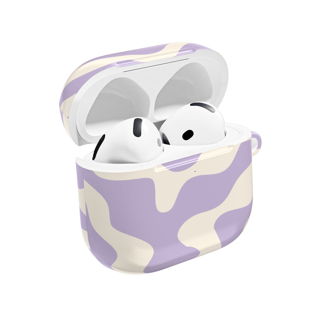 Lavender Swirl AirPods case open with AirPods inside