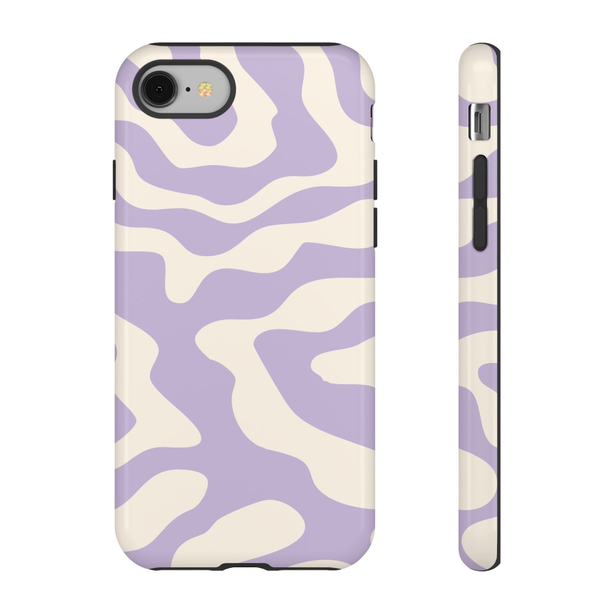 Lavender swirl phone case with soft lilac ribbons winding through a cream background