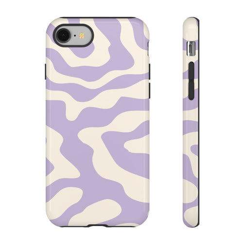 Lavender swirl phone case with soft lilac ribbons winding through a cream background