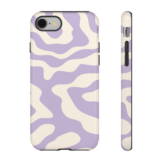 Lavender swirl phone case with soft lilac ribbons winding through a cream background