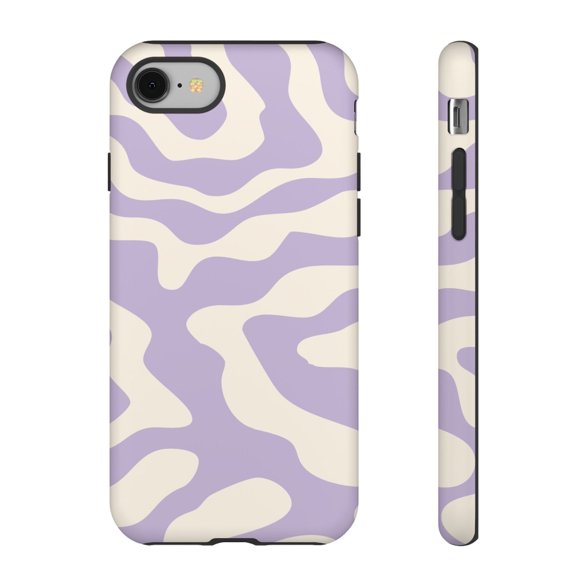 Retro wavy abstract print in pastel purple and off-white wrapping a tough phone case