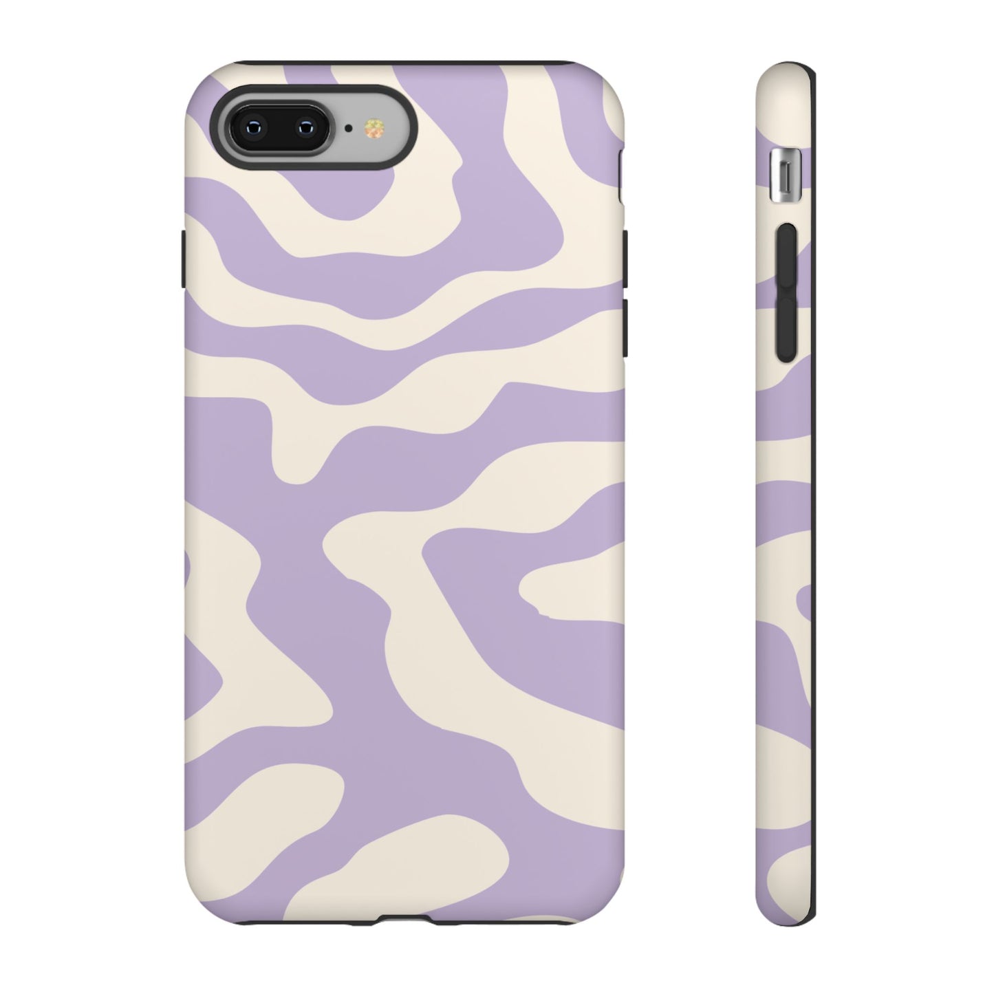 Lilac and cream organic wave print running edge to edge around a dual-layer phone case