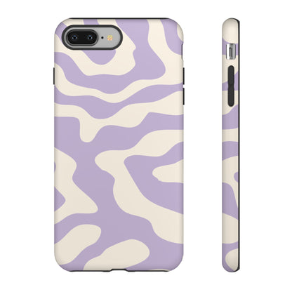 Lilac and cream organic wave print running edge to edge around a dual-layer phone case