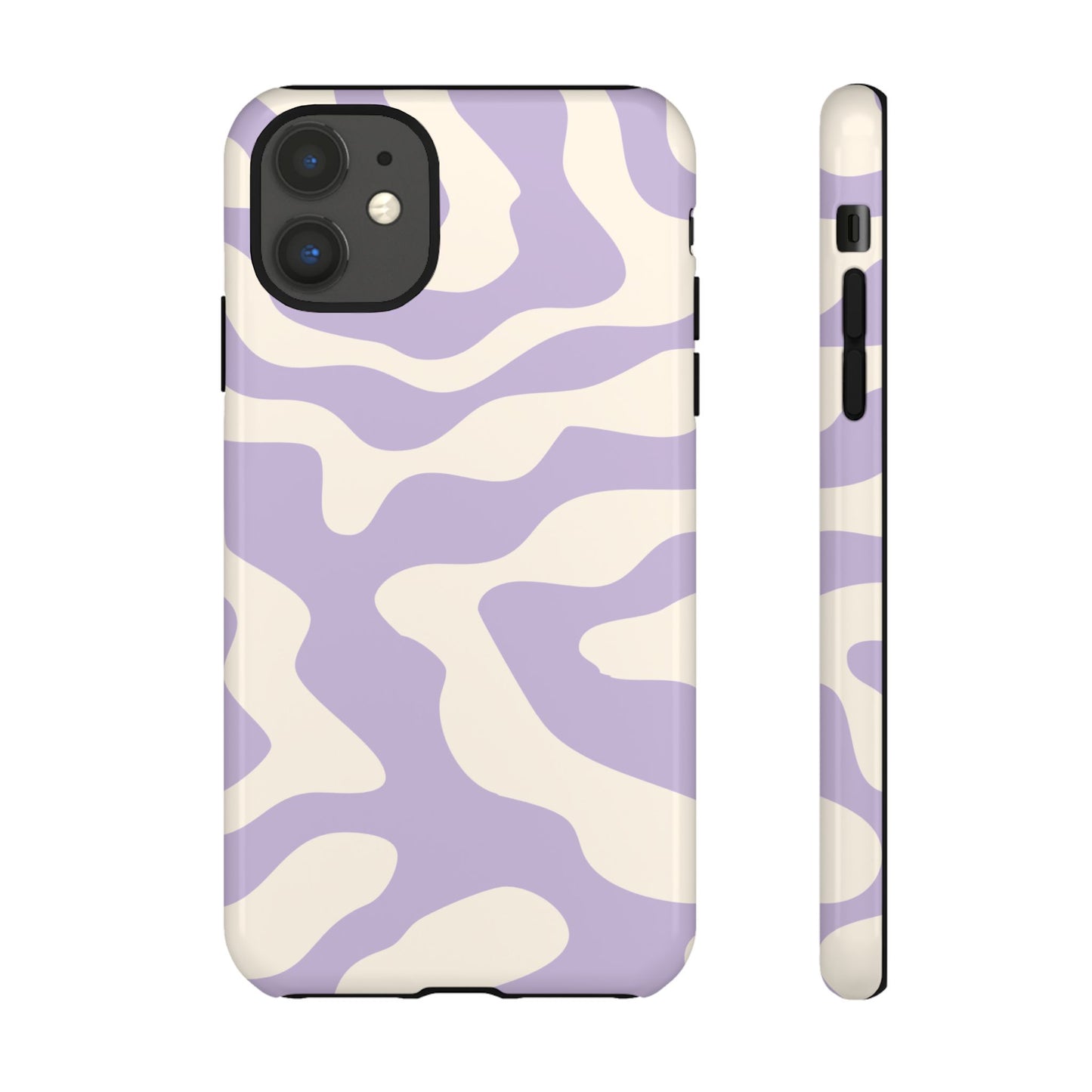 Two-tone lavender swirl design on a phone case, pale purple curves on a warm cream ground