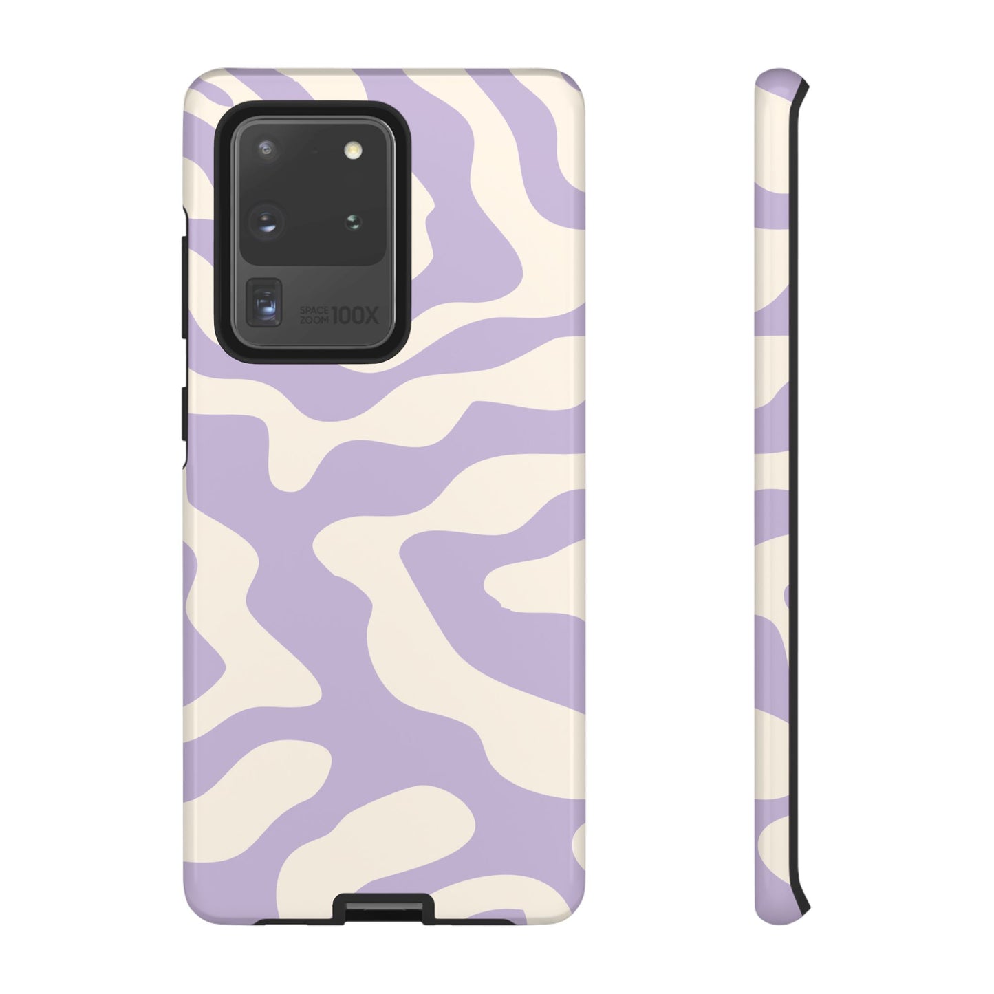 Glossy finish on the lavender swirl phone case, deepening the lilac against pale cream